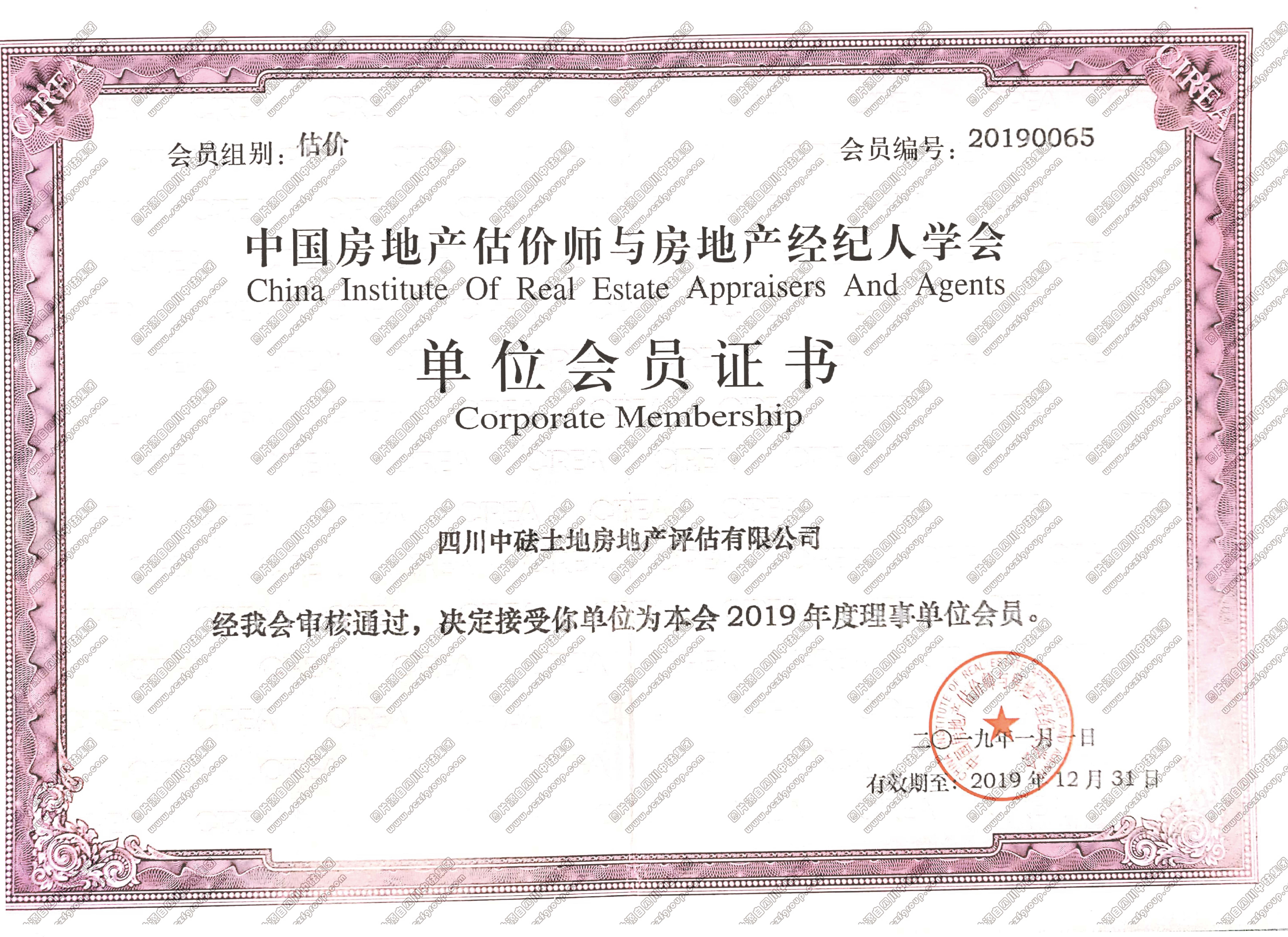 中國房地產估價師與房地產經紀人學會單位會員證書
